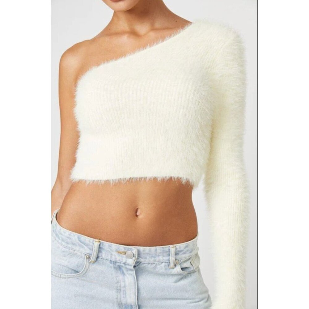 Kendall &‎ Kylie Creme Ivory One Shoulder Fluffy Sweater Top Size S Cropped Sexy